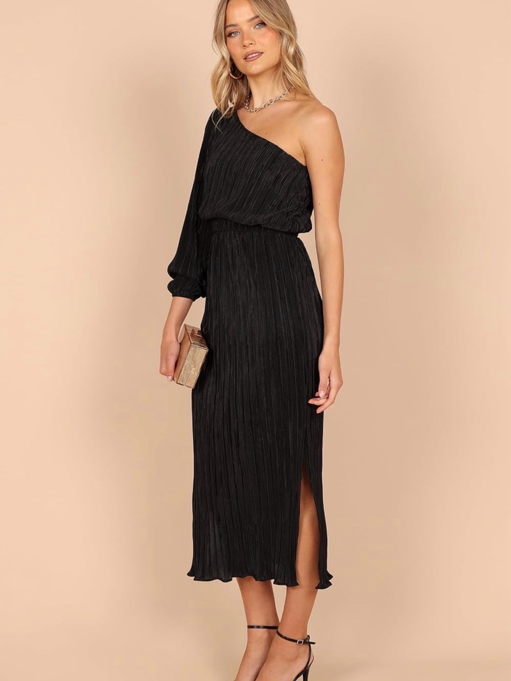 One-Shoulder Black Pleated Midi Dress